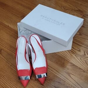 Red Slingback Kitten Heels with Silver Detail